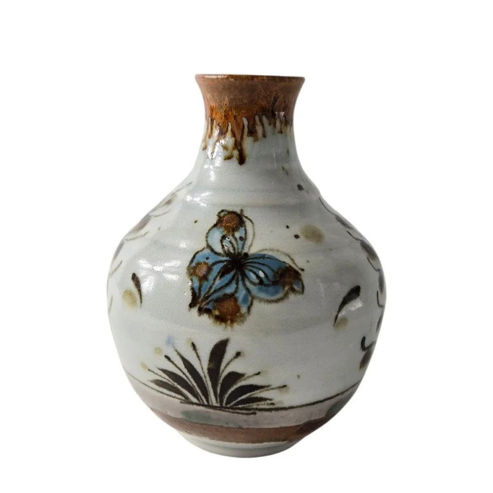 Vintage Ken Edwards Pottery Vase Tonala Butterfly Flowers Bunny Rabbit Sign 5.5
